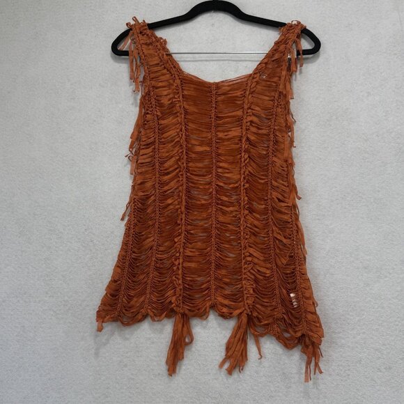 Xtaren Y2K Womens Small Rust Orange Fringe Sheer Boho Festival Tank Top - Picture 1 of 8
